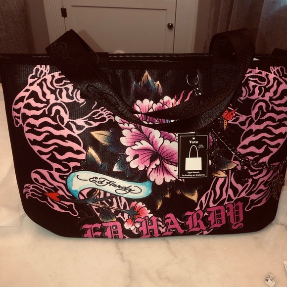 ‼️ ED HARDY Floral Pink and Black Tote Bag w/ charms - Picture 1 of 9